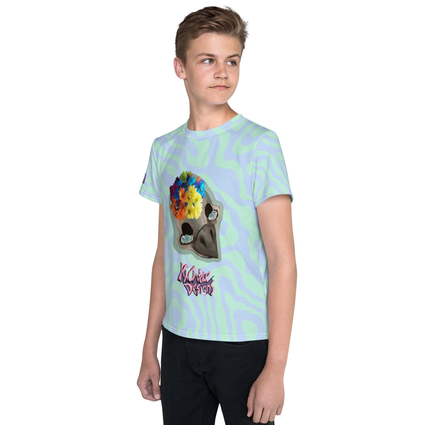Skull Tie Die Youth Crew Neck Tee shirt Blue Bird (Light Blue)
