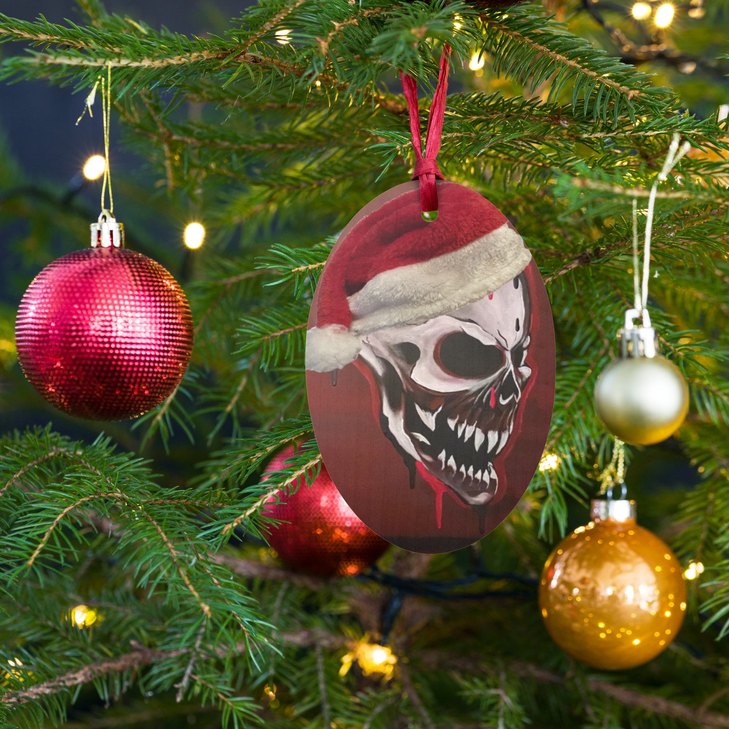Wooden Skull Red Christmas Ornaments